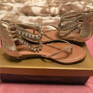 Thalia Sodi Metallic Gold Jeweled ankle Strappy Sandals with zip back 7.5 New